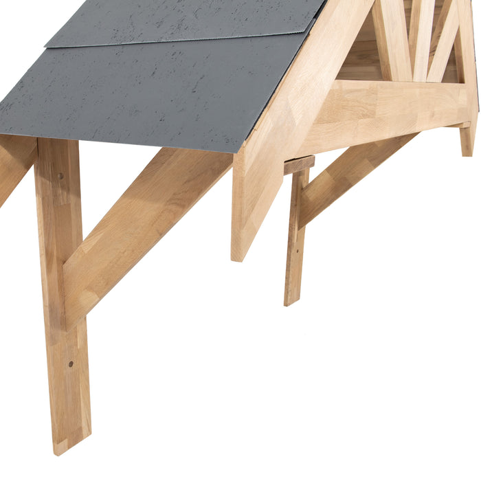 Houten meubel met een grijs metalen dak, stevige structuur en moderne lijnen, perfect voor een eigentijdse inrichting