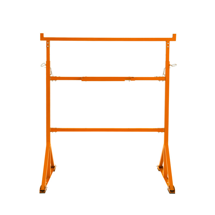 Oranje metalen kledingrek met stevige basis en verstelbare stangen, ideaal voor het ophangen van kleding of accessoires