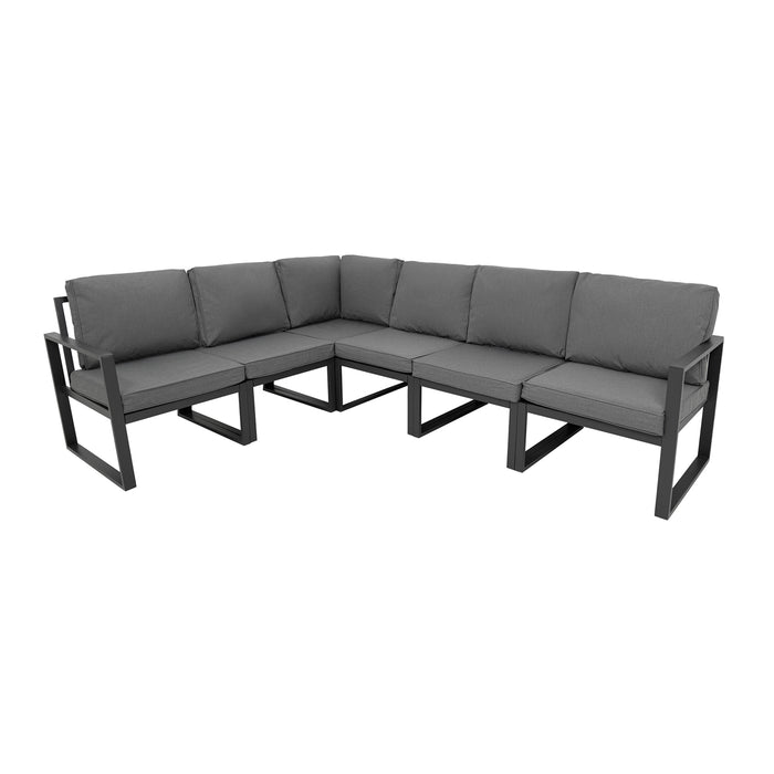 L-vormige tuinset met grijze kussens en een stevig zwart metalen frame, perfect voor buitengebruik en comfortabele zitplaatsen
