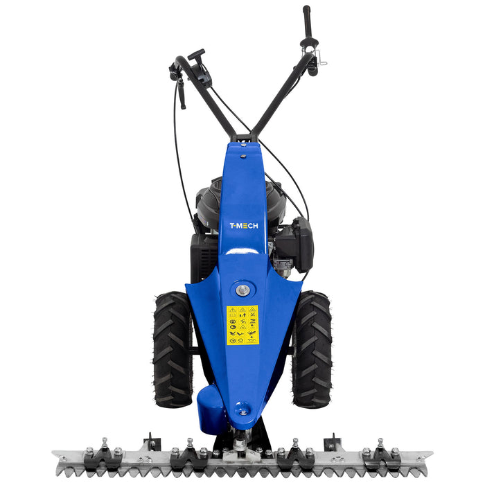 Blauwe tuinmachine met twee stevige wielen en een scherpe snijkant, ideaal voor het onderhouden van tuinen en gazons
