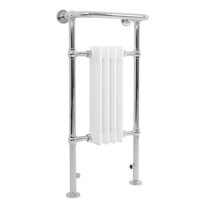Glanzend chroom handdoekrek met witte, verticale verwarmingselementen en een moderne, strakke uitstraling voor badkamerdecoratie