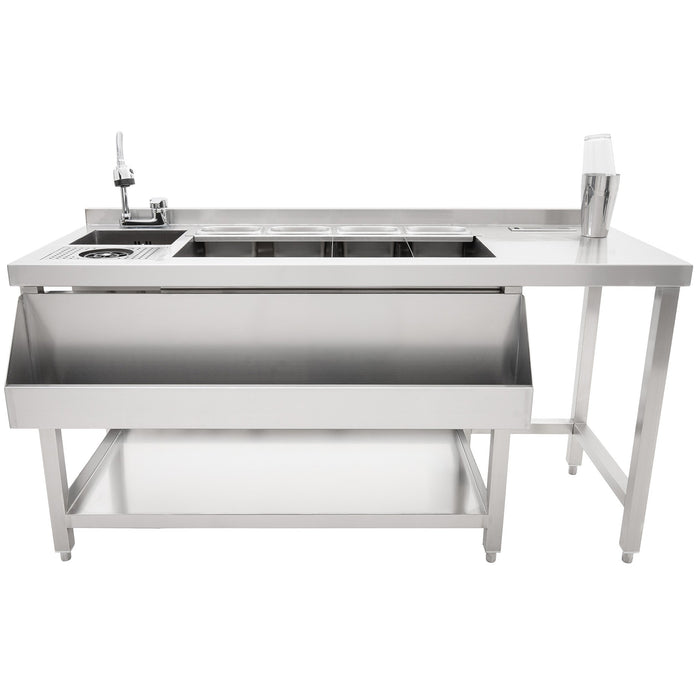 RVS werktafel met spoelbak, drie compartimenten en een open onderrek, ideaal voor professionele keukens en catering