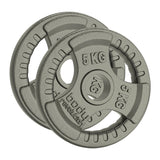 Twee gietijzeren gewichtsschijven van 5 kg met tri-grip handgrepen, grijs met een matte afwerking en duidelijke gewichtsaanduiding
