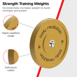 Geel 15 kg Olympische halterschijf van Body Revolution, gemaakt van zacht rubber met een gladde afwerking en duidelijke markeringen