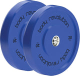 Blauwe Body Revolution halterschijven van 20 kg, met een gladde afwerking en duidelijke merknaam op de zijkant
