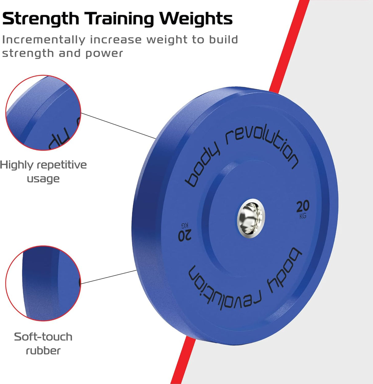 Blauwe Olympische halterschijf van 20 kg met een zachte rubberen afwerking en het merk Body Revolution, ideaal voor krachttraining
