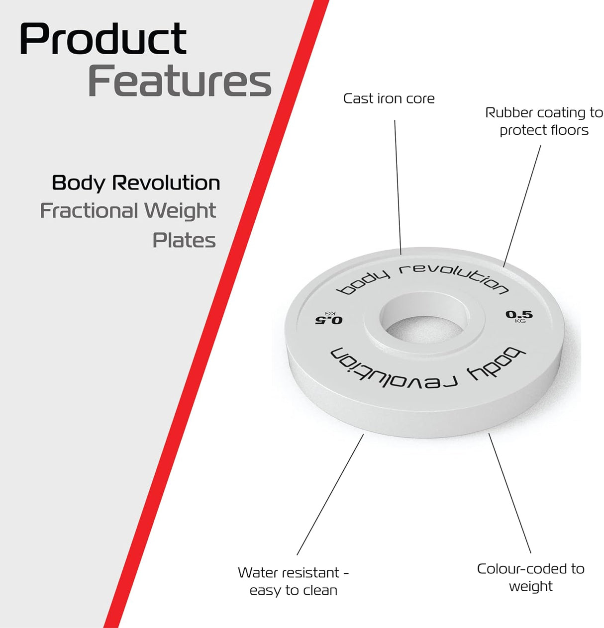 Witte fractionele halterschijven van 0,5 kg met rubberen coating, waterbestendig en kleurgecodeerd voor gewicht, ideaal voor training