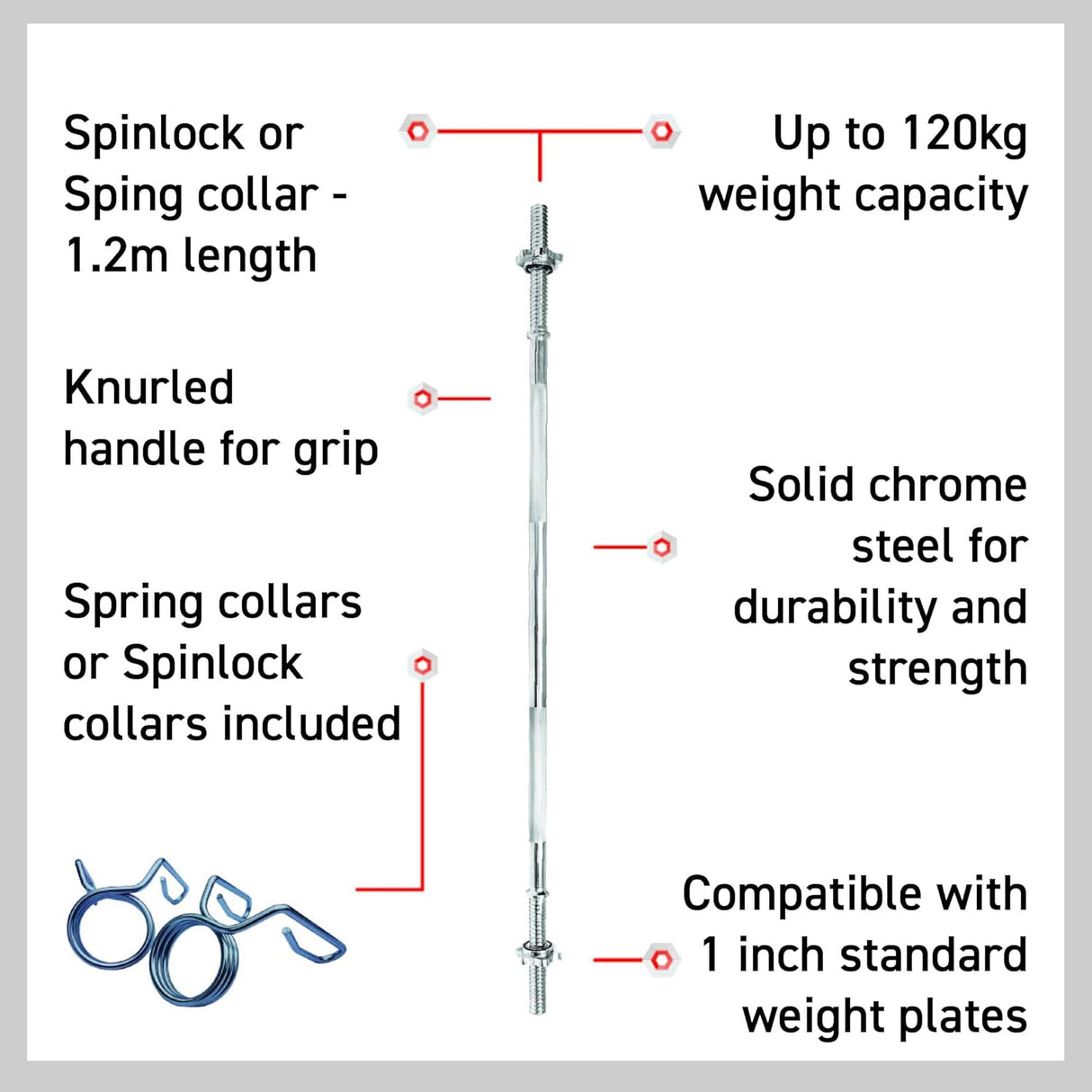 Rechthoekige halterstang van 1,2 m in chroom, met knurling voor grip en spinlock sluitingen voor veilige gewichten tot 120 kg