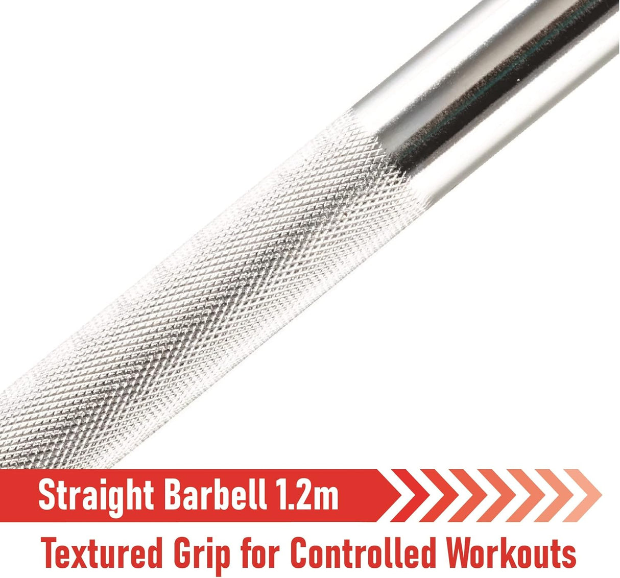 Rechthoekige halterstang van 1,2 m met een gestructureerde grip voor optimale controle tijdens trainingen, zilver met textuur
