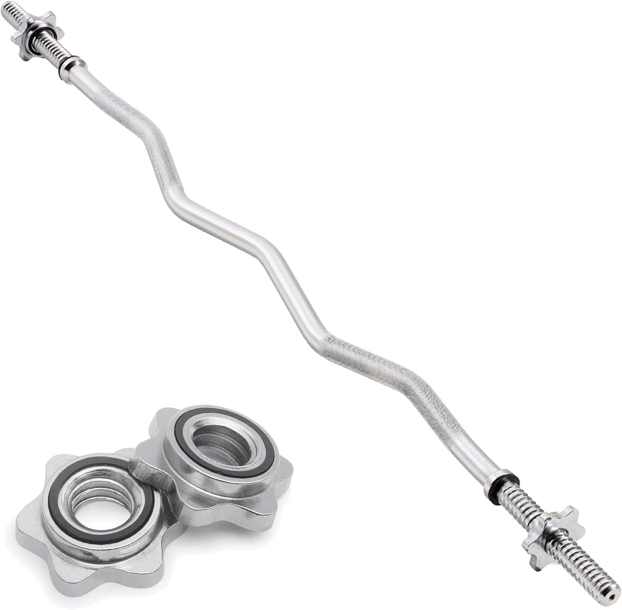 Stalen EZ barbell van 1,2 meter met glanzende spinlock sluitingen, ontworpen voor veelzijdige krachttraining en gripcomfort