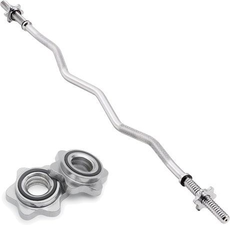 Stalen EZ barbell van 1,2 meter met glanzende spinlock sluitingen, ontworpen voor veelzijdige krachttraining en gripcomfort