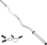 Verchroomde EZ barbell van 1,2 meter met een golvende vorm en veersluitingen voor veilige gewichten, ideaal voor krachttraining