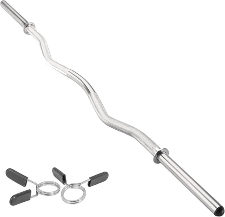 Verchroomde EZ barbell van 1,2 meter met een golvende vorm en veersluitingen voor veilige gewichten, ideaal voor krachttraining