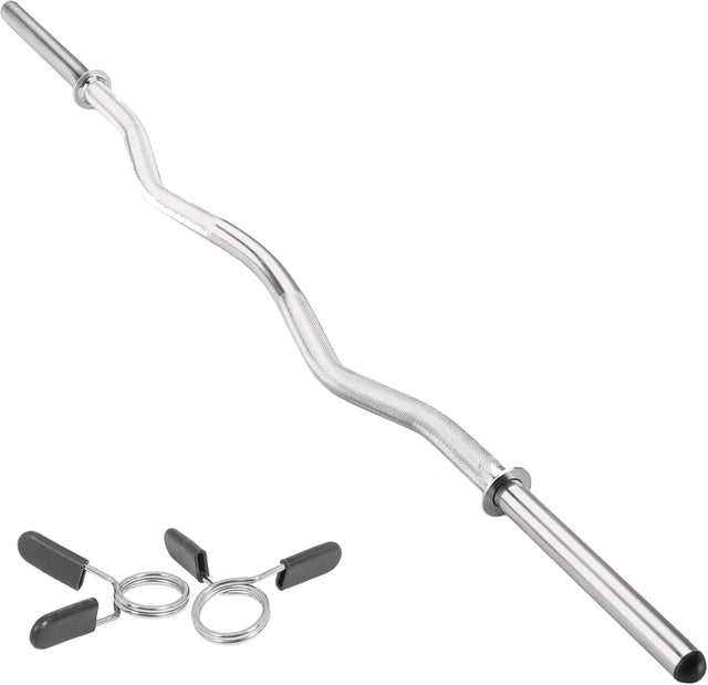 Verchroomde EZ barbell van 1,2 meter met een golvende vorm en veersluitingen voor veilige gewichten, ideaal voor krachttraining