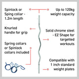 Kromstalen EZ barbell van 1,2 m met knurling voor grip, veersluitingen en een gewichtscapaciteit tot 120 kg, ideaal voor krachttraining