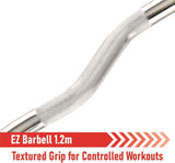 EZ Barbell van 1,2 meter met een gestructureerde grip voor betere controle tijdens trainingen, gemaakt van duurzaam staal