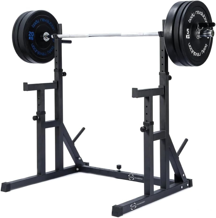 Zwart squat rack van Body Revolution met gewichten, stevige constructie en verstelbare hoogte voor optimale trainingservaring