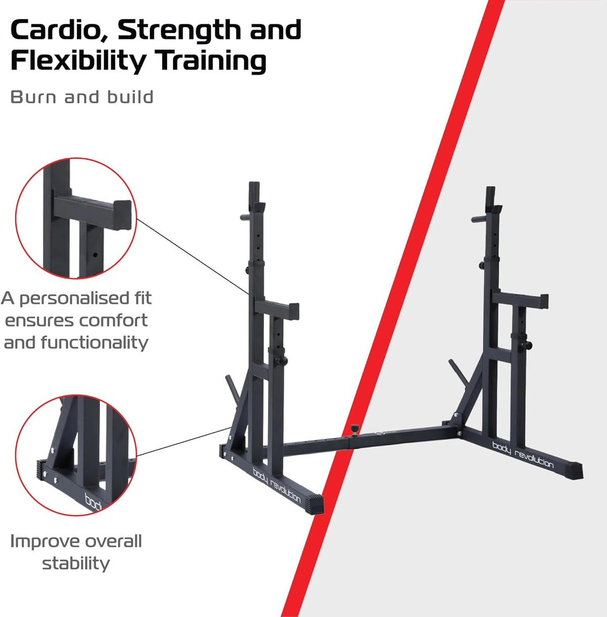 Zwart squat rack met verstelbare stangen, ontworpen voor krachttraining en stabiliteit, ideaal voor thuisgebruik en fitnessstudio's