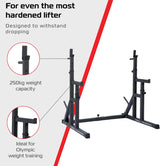Zwart squatrek met verstelbare stangen, robuuste constructie, 250 kg gewichtscapaciteit, ideaal voor Olympische training