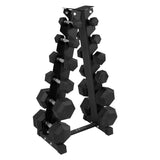 Zwart 6-laags dumbbellrek met stevige, hexagonale gewichten en een robuuste metalen constructie voor optimale stabiliteit en ruimtebesparing
