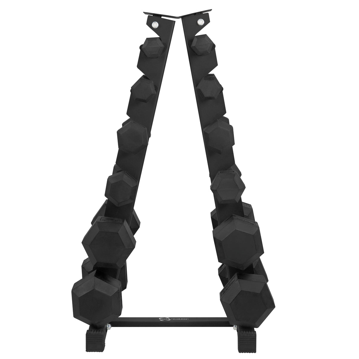 Zwart 6-laags dumbbellrek met stevige, hexagonale gewichten, ideaal voor een georganiseerde en efficiënte trainingservaring