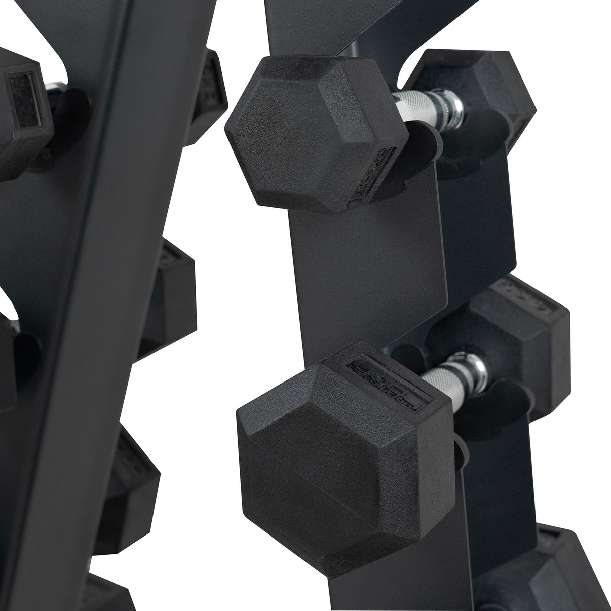 Zwart 6-laags dumbbellrek met hexagonale gewichten, stevig metaal en een moderne, strakke afwerking voor optimale organisatie