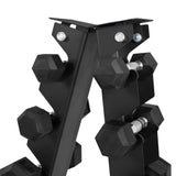 Zwart, stevig dumbbellrek met zes lagen, ontworpen voor efficiëntie en ruimtebesparing, perfect voor thuisfitness of sportscholen