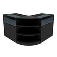 Zwarte Theseus LED toonbankset met glazen bovenblad, afgeronde hoeken en open planken voor een moderne winkelinrichting