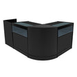 Zwarte Luna LED winkel toonbank set met glazen bovenblad, moderne vormgeving en ruime opbergruimte voor producten en accessoires