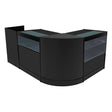 Zwarte Gravity LED winkel toonbankset met glazen planken, modern design en strakke lijnen, ideaal voor retailpresentatie