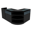 Zwarte Sagittarius LED winkel toonbank set met glazen planken, afgeronde hoeken en ruime opbergruimte voor producten