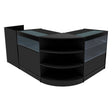 Zwarte LED winkel toonbank set met glazen planken, afgeronde hoeken en moderne uitstraling, ideaal voor retailpresentatie