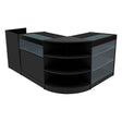 Zwarte Hyperion LED toonbankset met glazen planken, afgeronde hoeken en moderne uitstraling, ideaal voor winkels en showrooms