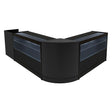 Moderne zwarte LED winkel toonbank set met afgeronde hoeken, glazen etalages en een strakke, minimalistische uitstraling