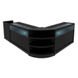 Zwarte Sagittarius LED winkel toonbank set met glazen bovenkant, afgeronde hoeken en open planken voor optimale presentatie