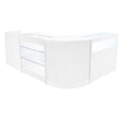 Moderne witte LED toonbank set met glazen planken en een strakke, gebogen vorm, ideaal voor winkels en showrooms