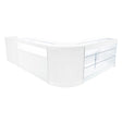 Witte LED winkel toonbank set met glazen planken, moderne hoekvorm en strakke afwerking, perfect voor retailpresentatie