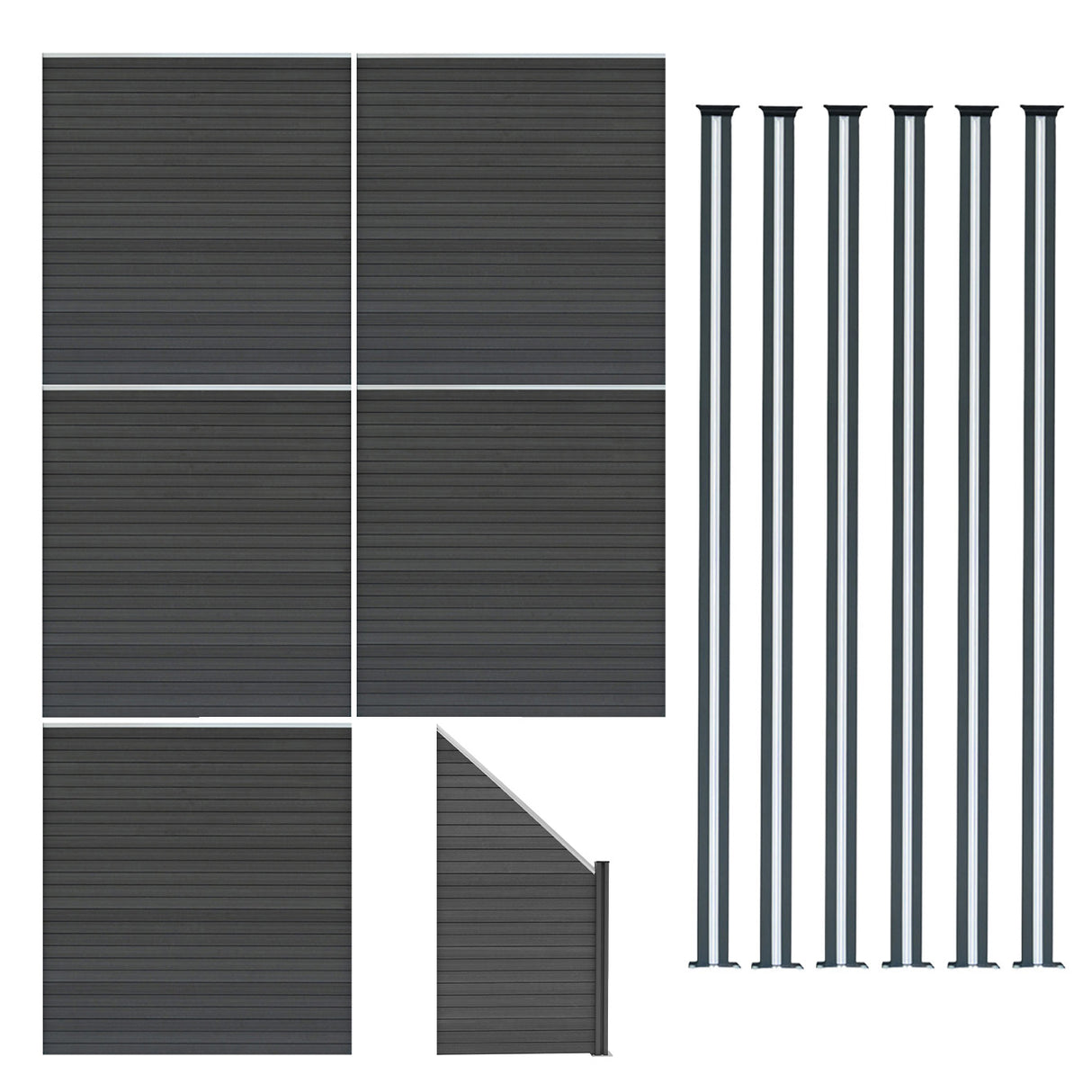 Composiet Schutting Panelen x 5, Schuin Paneel & LED Palen x 6 - Grijs