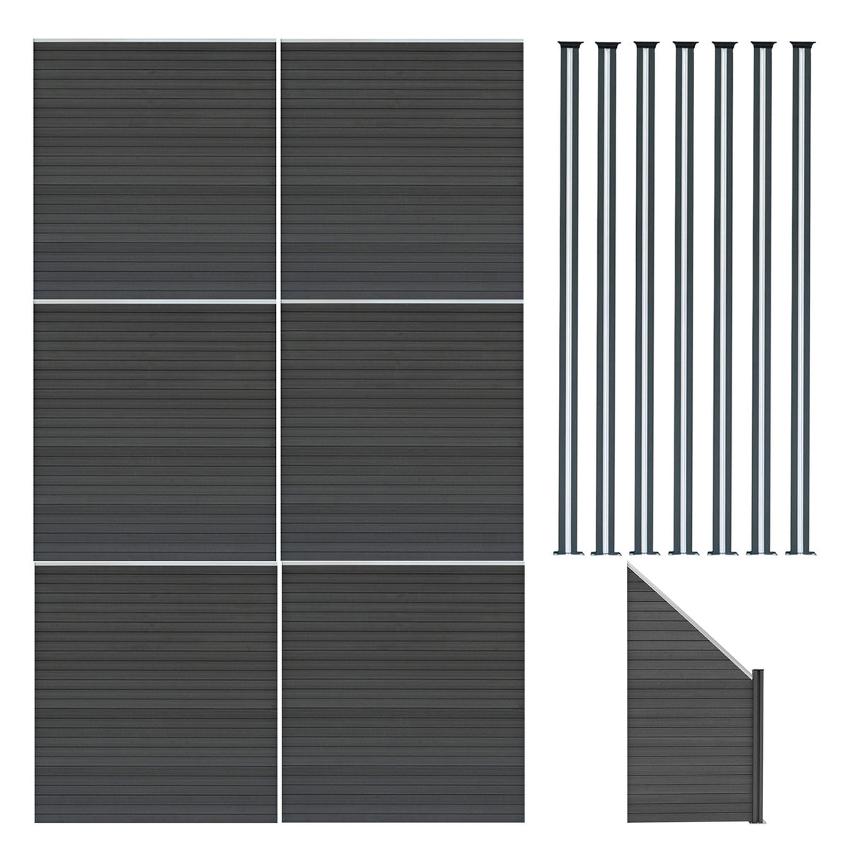 Composiet Schutting Panelen x 6, Schuin Paneel & LED Palen x 7 - Grijs
