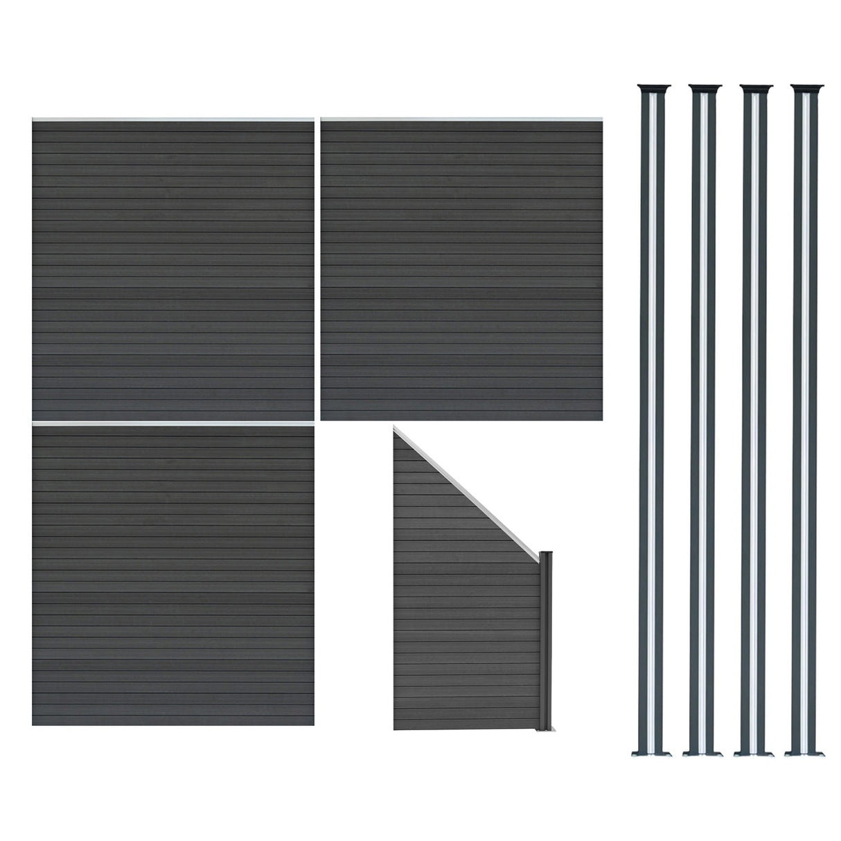 Composiet Schutting Panelen x 3, Schuin Paneel & LED Palen x 4 - Grijs