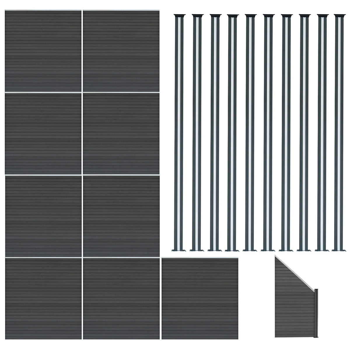 Composiet Schutting Panelen x 9, Schuin Paneel & LED Palen x 10 - Grijs