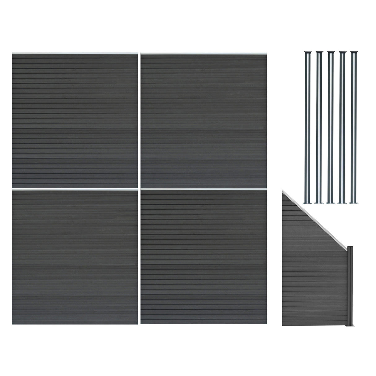 Composiet Schutting Panelen x 4, Schuin Paneel & LED Palen x 5 - Grijs
