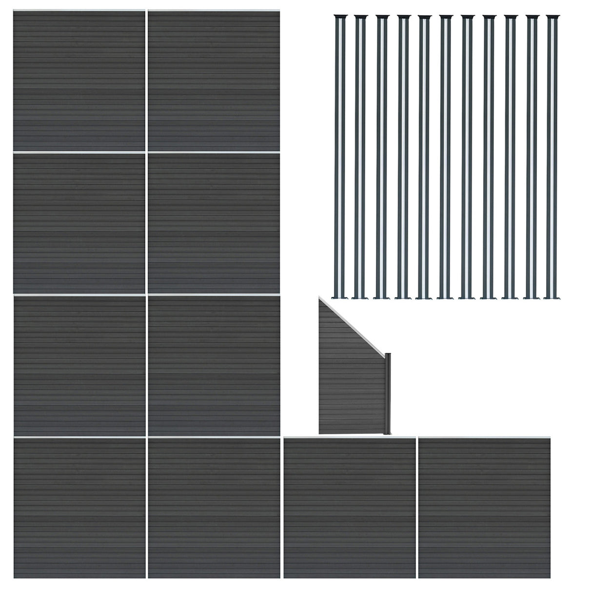 Composiet Schutting Panelen x 10, Schuin Paneel & LED Palen x 11 - Grijs