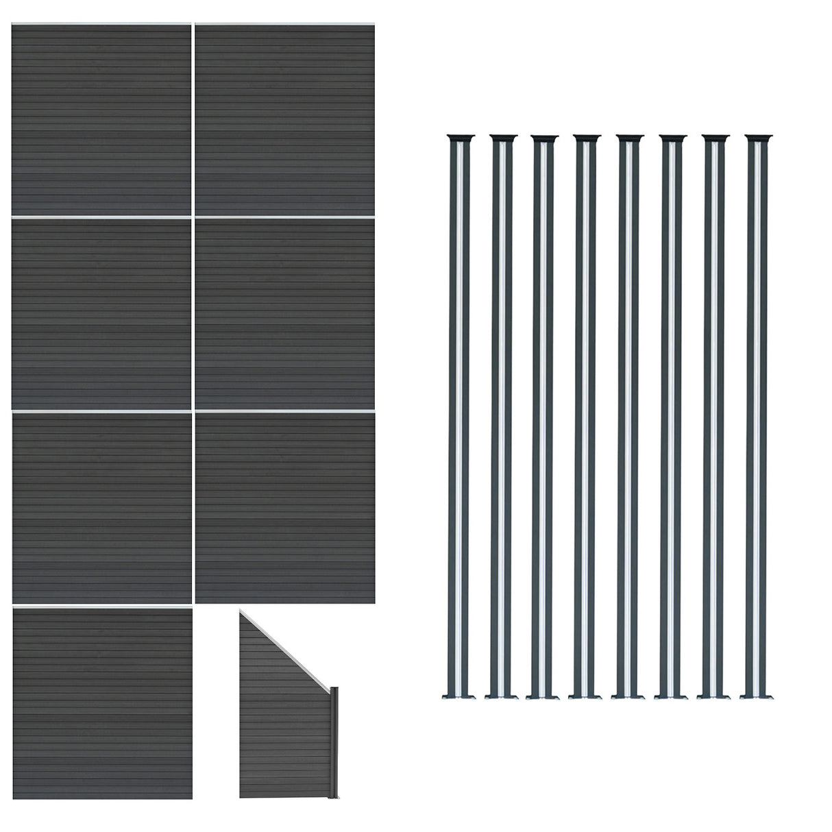 Composiet Schutting Panelen x 7, Schuin Paneel & LED Palen x 8 - Grijs