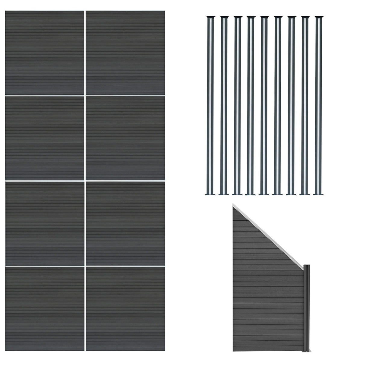 Composiet Schutting Panelen x 8, Schuin Paneel & LED Palen x 9 - Grijs