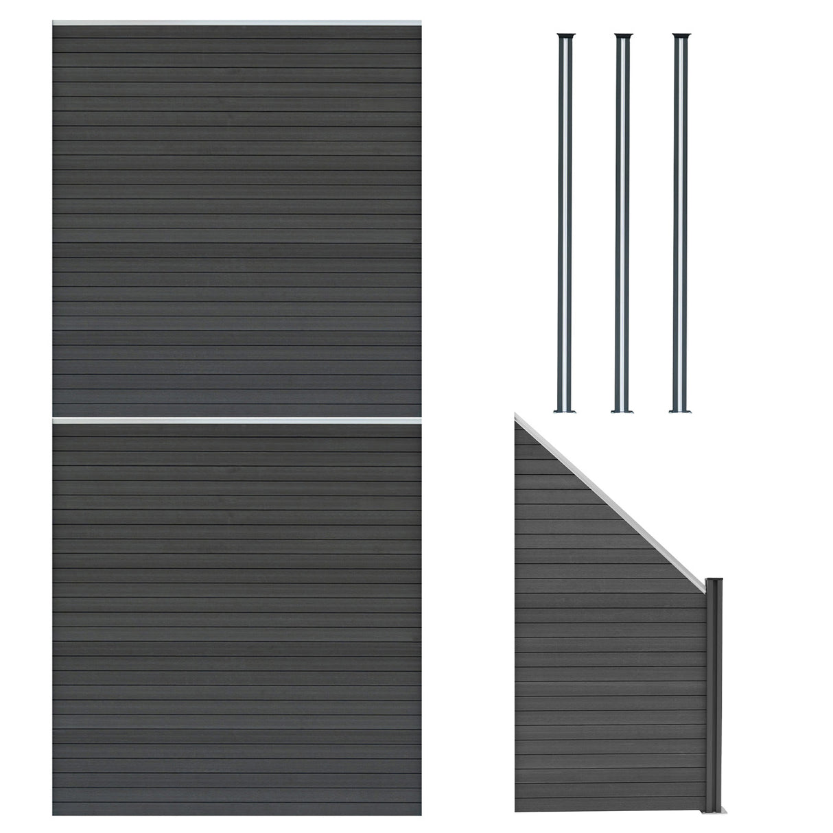 Composiet Schutting Panelen x 2, Schuin Paneel & LED Palen x 3 - Grijs