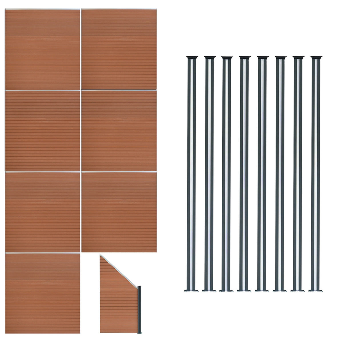 Composiet Schutting Paneel x 7, Schuin Paneel & LED Palen x 8 - Bruin