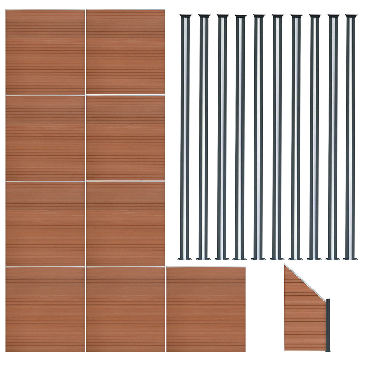Composiet Schutting Paneel x 9, Schuin Paneel & LED Palen x 10 - Bruin