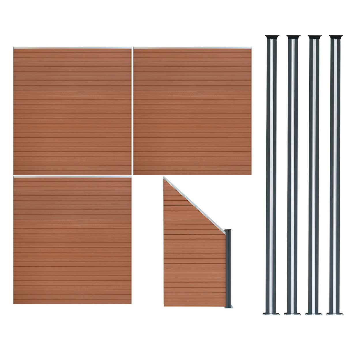 Composiet Schutting Paneel x 3, Schuin Paneel & LED Palen x 4 - Bruin