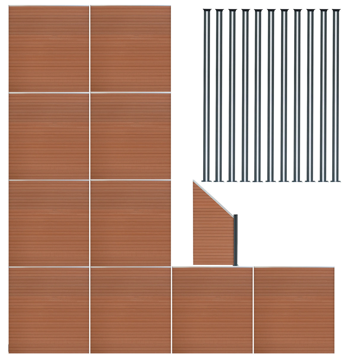 Composiet Schutting Paneel x 10, Schuin Paneel & LED Palen x 11 - Bruin